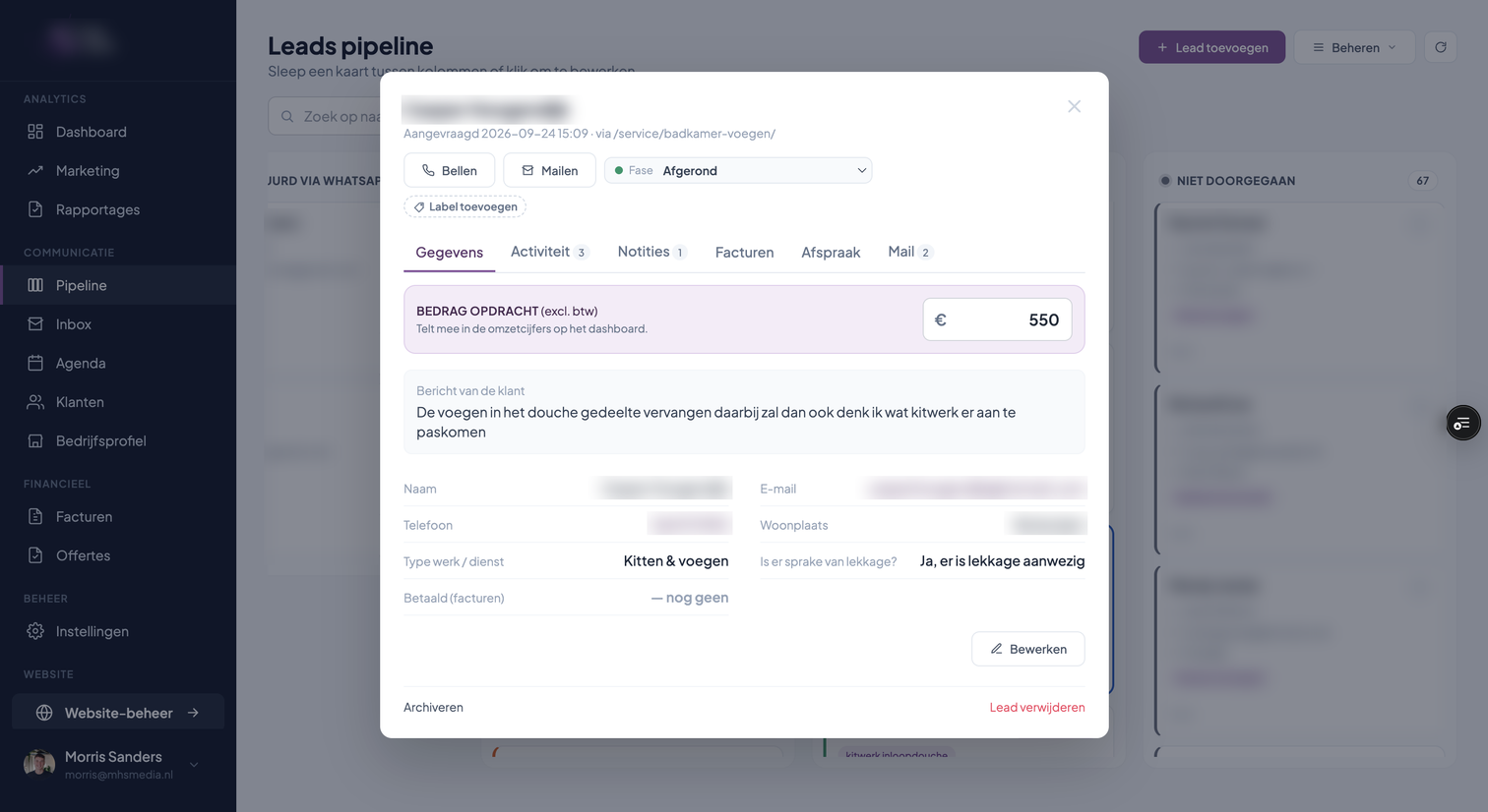 Een lead met gegevens, offerte en afspraak