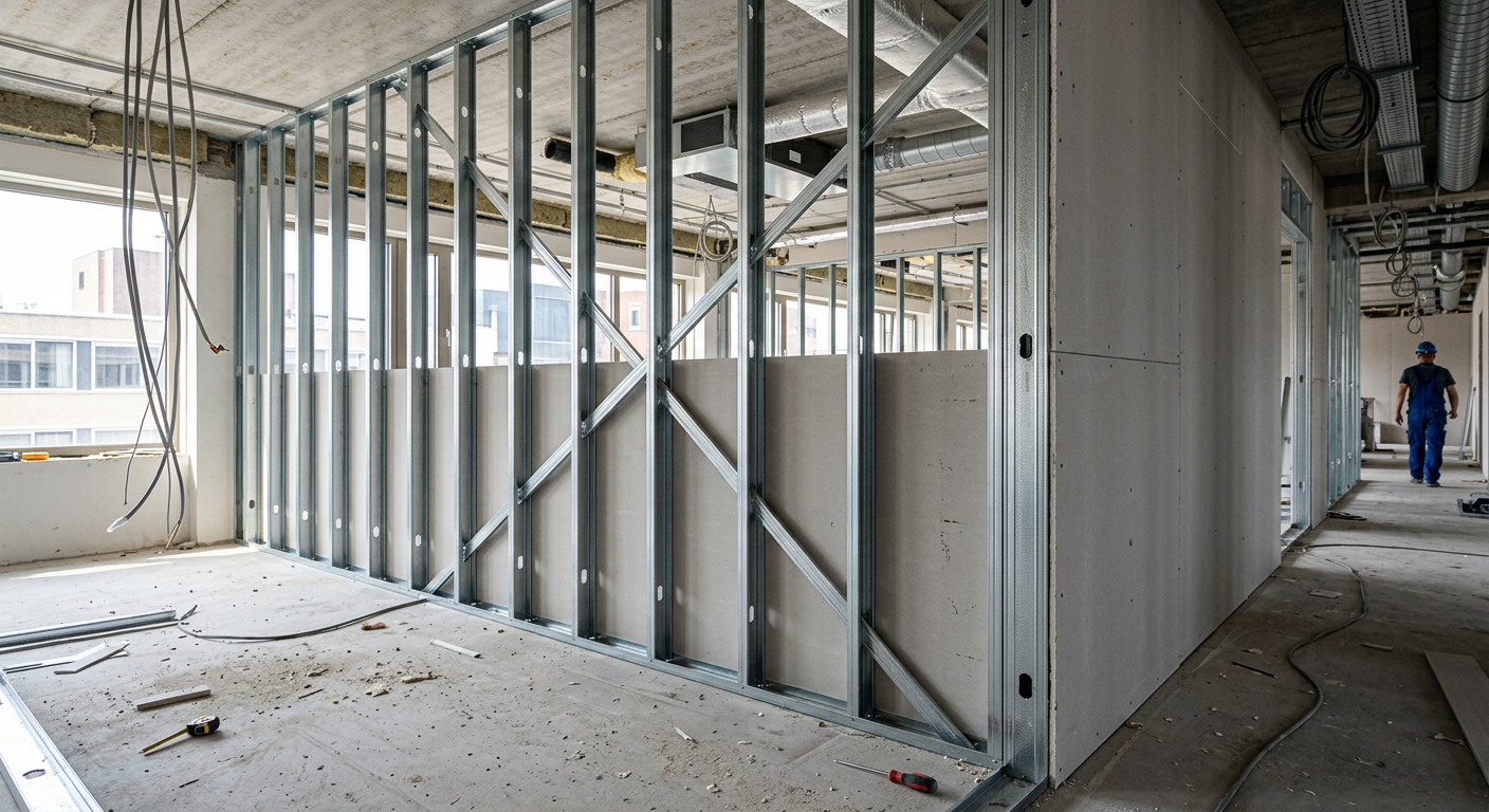 Opbouw van een scheidingswand met metal stud profielen en gipsplaten