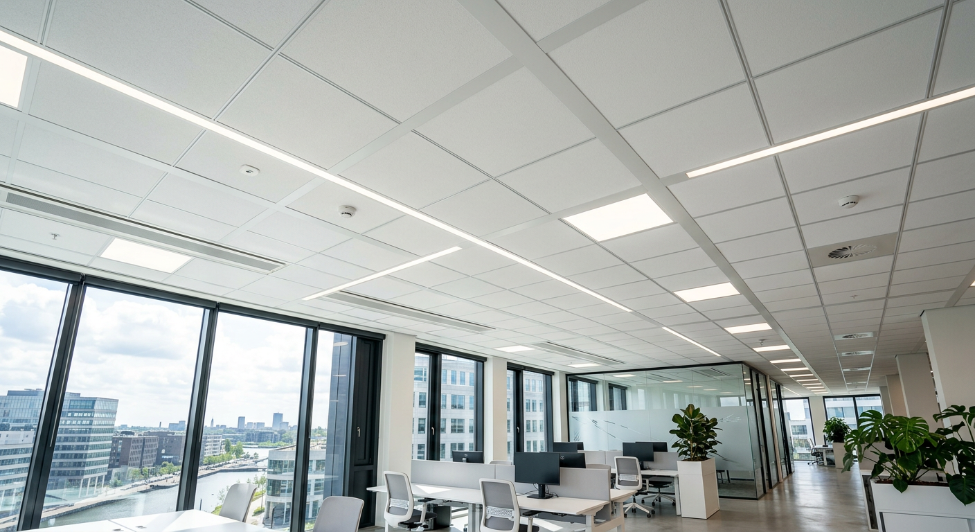 Een afgewerkte ruimte met een strak plafond en geïntegreerde verlichting