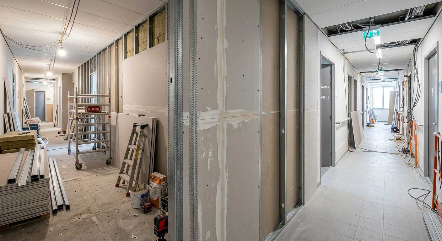 Wandconstructie met beplating voor brandwerende afscheiding