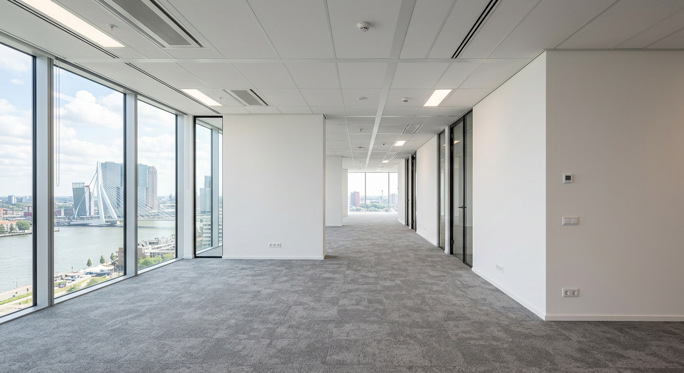 Sfeerbeeld van een kantoorinterieur met scheidingswanden en een afgewerkt systeemplafond